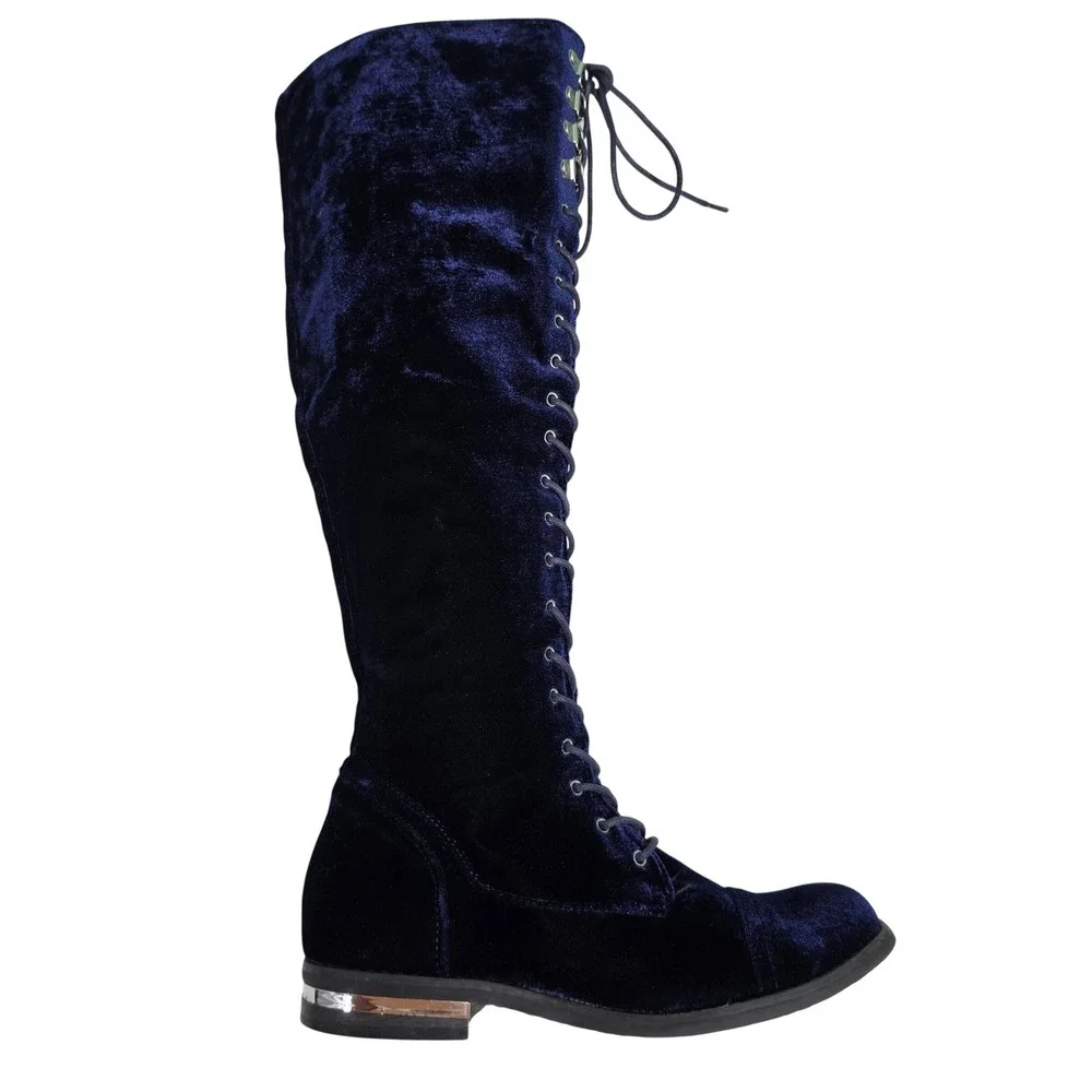 Steampunk Tall Boots Womens 7.5 Blue Jermesha Velvet Lace Up Side Zip Boots